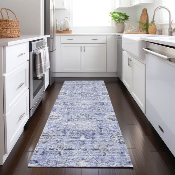 Addison Rugs Chantille Indoor/Outdoor Traditional Damask Blue Washable Runner Rug, 2'3" x 7'6"