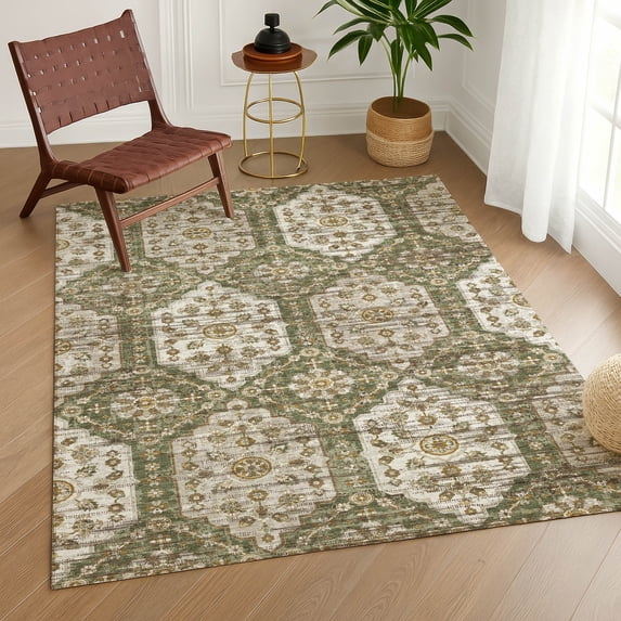 Addison Rugs Chantille Indoor/Outdoor Traditional Damask Olive Machine Washable Rectangle Rug, 9' x 12'