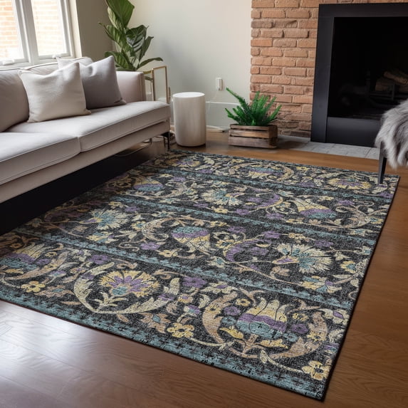 Addison Rugs Chantille Indoor/Outdoor Traditional Floral Black Machine Washable Rectangle Rug, 10' x 14'
