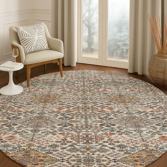 Addison Rugs Chantille Indoor/Outdoor Traditional Global Beige Machine Washable Round Rug, 8' x 8'
