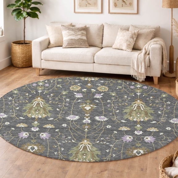 Addison Rugs Chantille Indoor/Outdoor Traditional Global Gray Machine Washable Round Rug, 8' x 8'