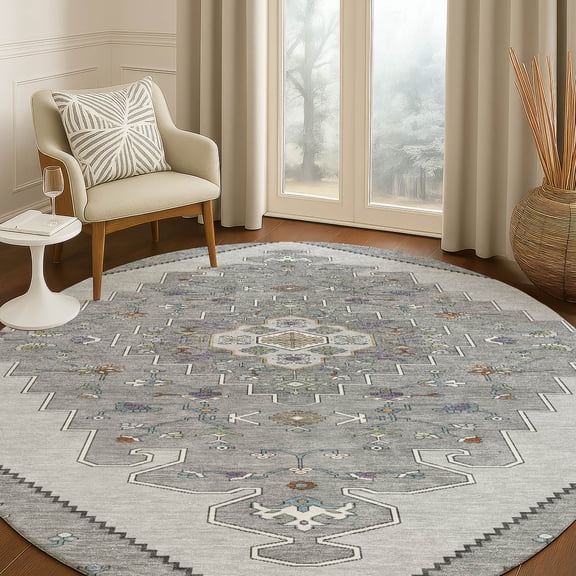 Addison Rugs Chantille Indoor/Outdoor Traditional Global Gray Machine Washable Round Rug, 8' x 8'