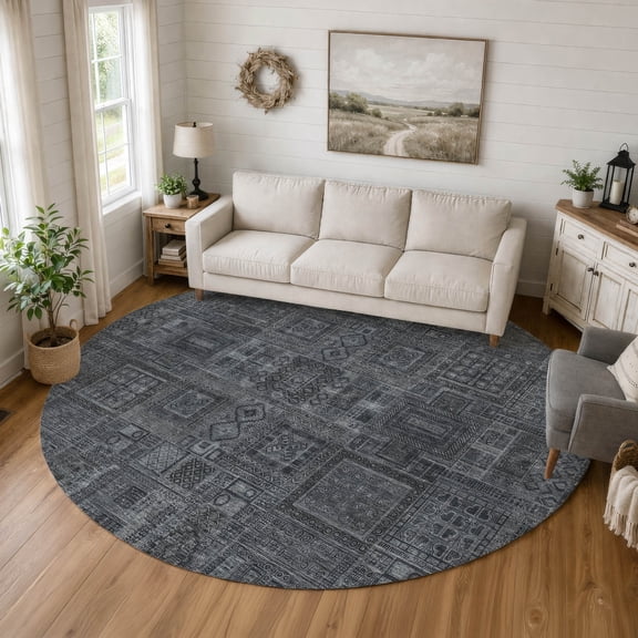 Addison Rugs Chantille Indoor/Outdoor Traditional Global Gray Machine Washable Round Rug, 8' x 8'