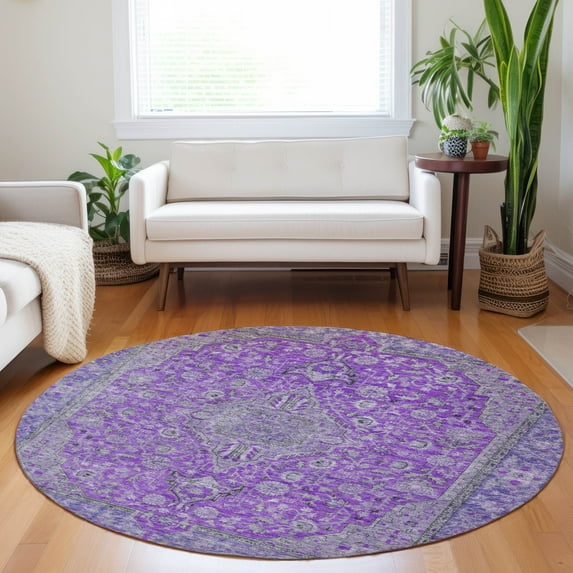 Addison Rugs Chantille Indoor/Outdoor Traditional Global Purple Washable Round Rug, 8' x 8'