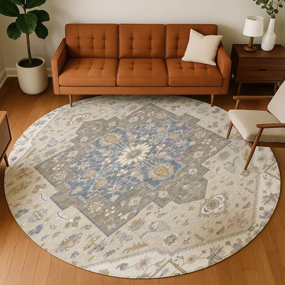 Addison Rugs Chantille Indoor/Outdoor Traditional Ivory Machine Washable Round Rug, 8' x 8'
