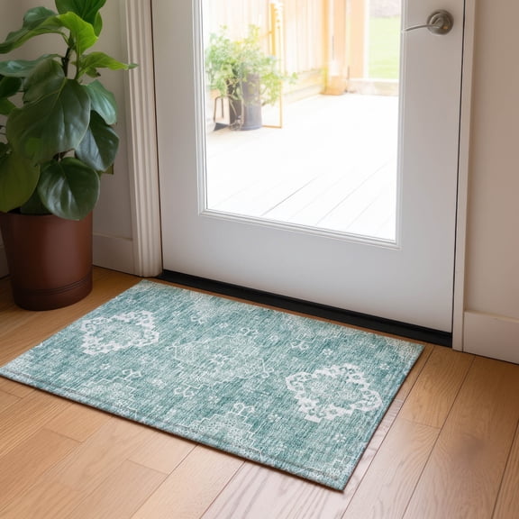 Addison Rugs Chantille Indoor/Outdoor Traditional Medallions Aqua Washable Rectangle Rug, 1'8" x 2'6"