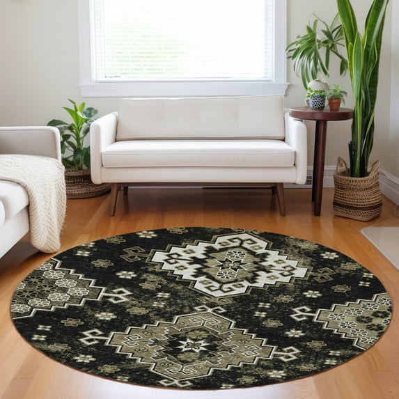 Addison Rugs Chantille Indoor/Outdoor Traditional Medallions Black Washable Round Rug, 8' x 8'
