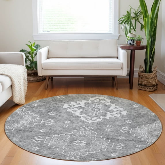 Addison Rugs Chantille Indoor/Outdoor Traditional Medallions Gray Washable Round Rug, 8' x 8'