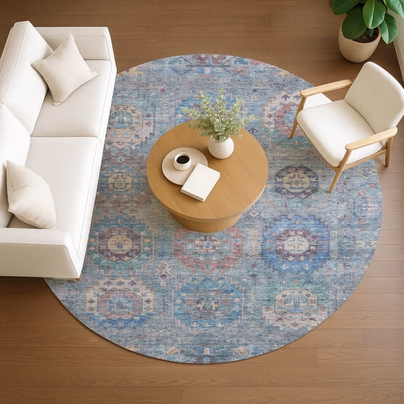 Addison Rugs Chantille Indoor/Outdoor Traditional Panel Blue Machine Washable Round Rug, 8' x 8'
