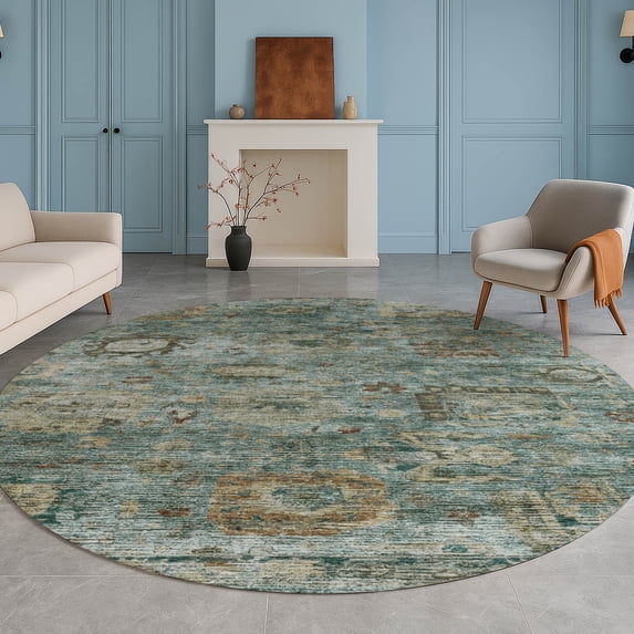 Addison Rugs Chantille Indoor/Outdoor Traditional Teal Machine Washable Round Rug, 8' x 8'