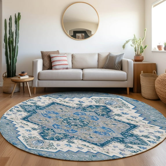Addison Rugs Chantille Indoor/Outdoor Traditional Vintage Blue Washable Round Rug, 8' x 8'