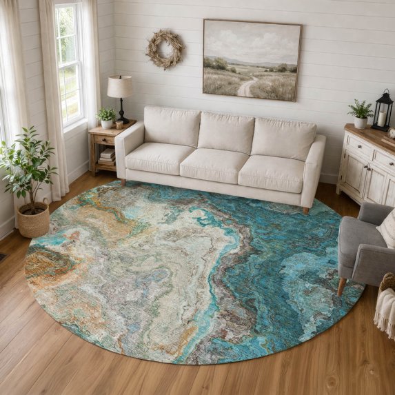 Addison Rugs Chantille Indoor/Outdoor Transitional Abstract Aqua Machine Washable Round Rug, 8' x 8'
