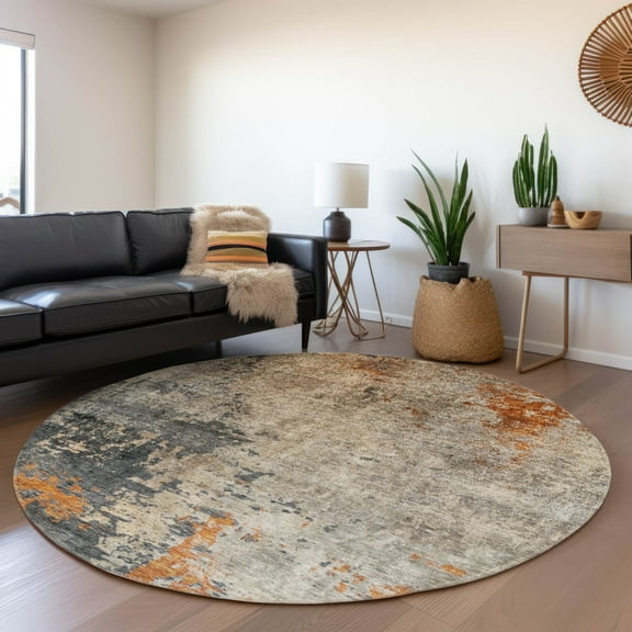 Addison Rugs Chantille Indoor/Outdoor Transitional Abstract Khaki Washable Round Rug, 8' x 8'