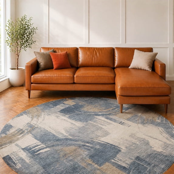 Addison Rugs Chantille Indoor/Outdoor Transitional Abstract Navy Machine Washable Round Rug, 8' x 8'