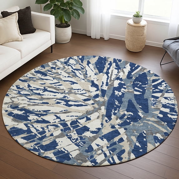Addison Rugs Chantille Indoor/Outdoor Transitional Abstract Navy Machine Washable Round Rug, 8' x 8'