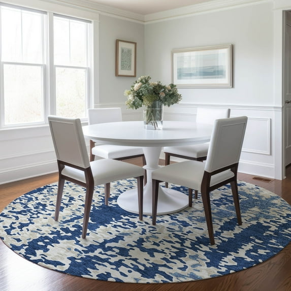 Addison Rugs Chantille Indoor/Outdoor Transitional Abstract Navy Washable Round Rug, 8' x 8'