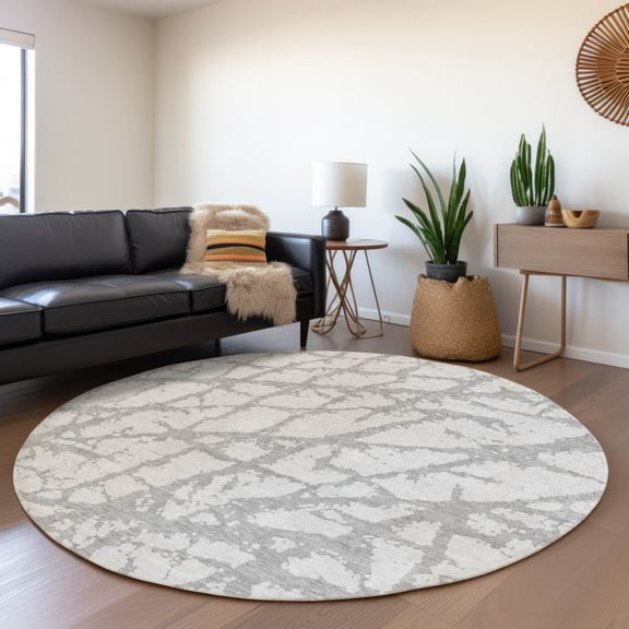 Addison Rugs Chantille Indoor/Outdoor Transitional Abstract Silver Washable Round Rug, 8' x 8'