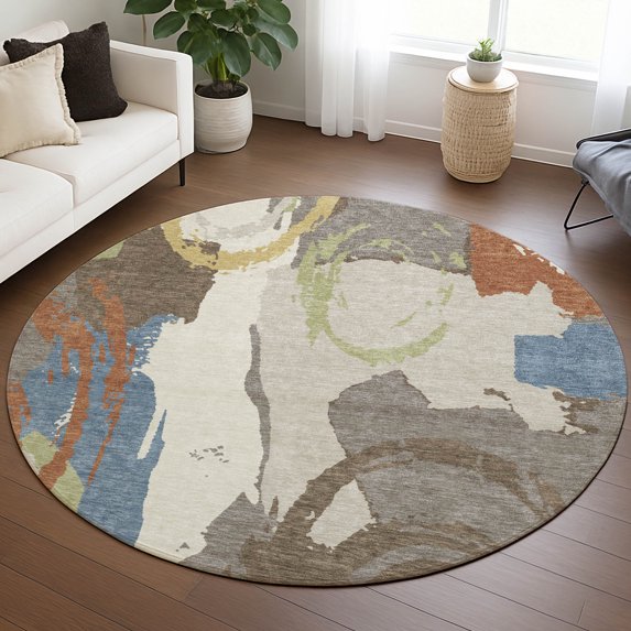 Addison Rugs Chantille Indoor/Outdoor Transitional Abstract Taupe Machine Washable Round Rug, 8' x 8'
