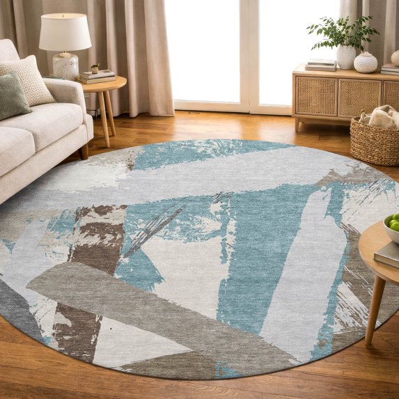 Addison Rugs Chantille Indoor/Outdoor Transitional Abstract Teal Machine Washable Round Rug, 8' x 8'