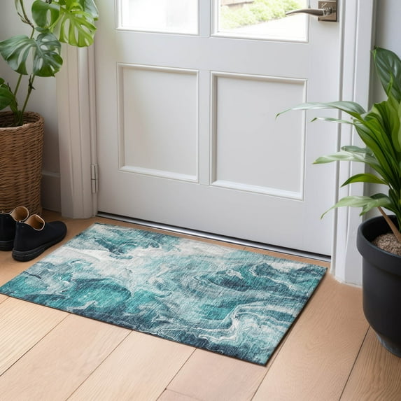 Addison Rugs Chantille Indoor/Outdoor Transitional Abstract Teal Washable Rectangle Rug, 1'8" x 2'6"