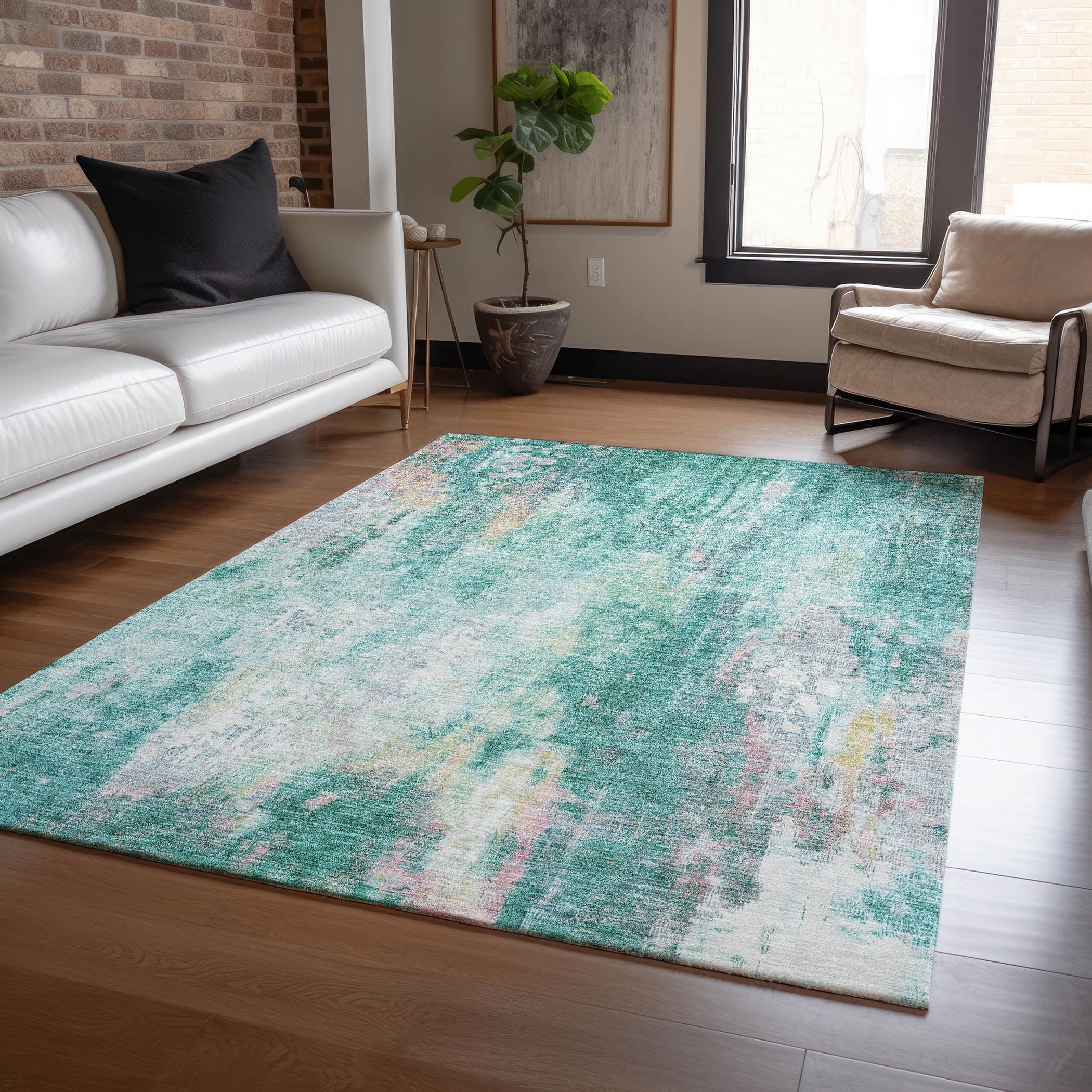 Addison Rugs Chantille Indoor/Outdoor Transitional Abstract Teal Washable Rectangle Rug, 2'6" x 3'10"