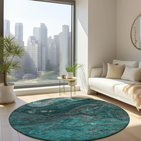 Addison Rugs Chantille Indoor/Outdoor Transitional Abstract Teal Washable Round Rug, 8' x 8'