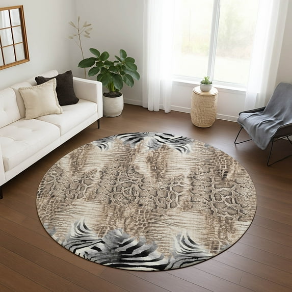 Addison Rugs Chantille Indoor/Outdoor Transitional Animal Ivory Machine Washable Round Rug, 8' x 8'