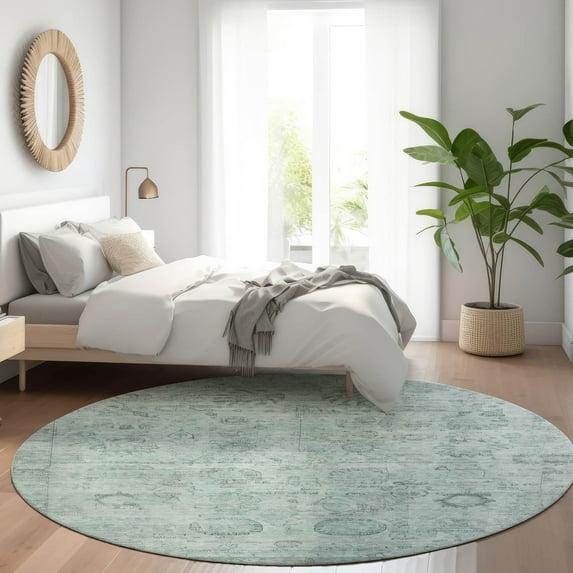 Addison Rugs Chantille Indoor/Outdoor Transitional Border Aqua Machine Washable Round Rug, 8' x 8'