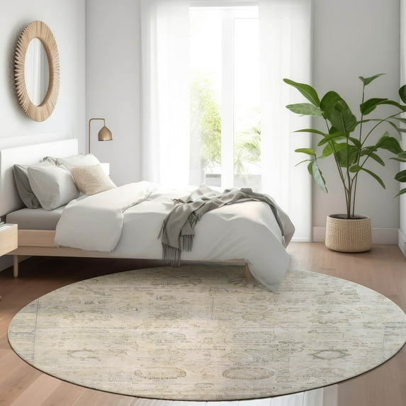 Addison Rugs Chantille Indoor/Outdoor Transitional Border Linen Machine Washable Round Rug, 8' x 8'