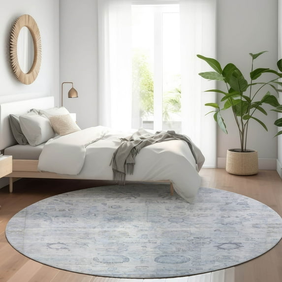 Addison Rugs Chantille Indoor/Outdoor Transitional Border Sky Machine Washable Round Rug, 8' x 8'