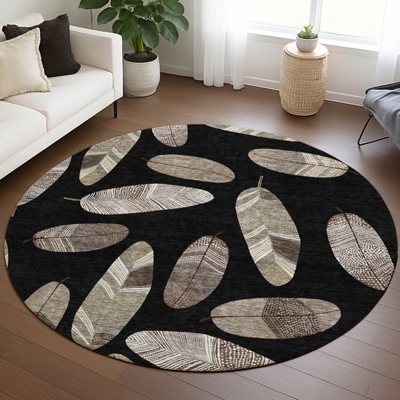 Addison Rugs Chantille Indoor/Outdoor Transitional Botanical Black Machine Washable Round Rug, 8' x 8'