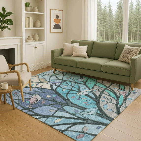 Addison Rugs Chantille Indoor/Outdoor Transitional Botanical Blue Machine Washable Rectangle Rug, 9' x 12'