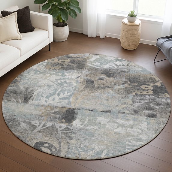 Addison Rugs Chantille Indoor/Outdoor Transitional Botanical Gray Machine Washable Round Rug, 8' x 8'