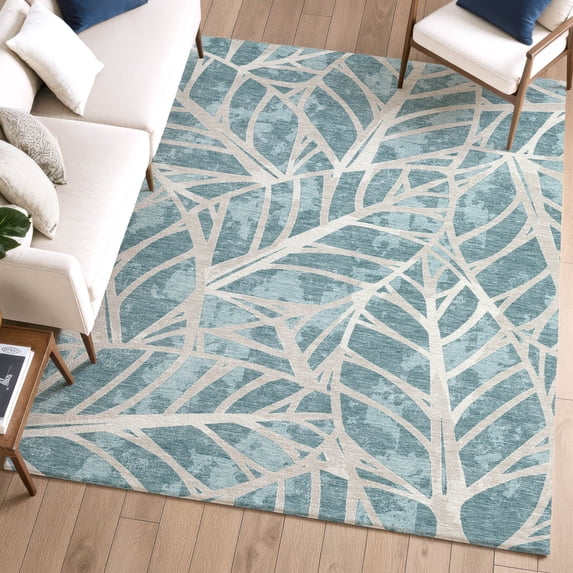 Addison Rugs Chantille Indoor/Outdoor Transitional Botanical Teal Machine Washable Rectangle Rug, 5' x 7'6"
