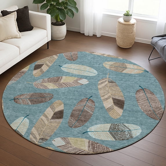 Addison Rugs Chantille Indoor/Outdoor Transitional Botanical Teal Machine Washable Round Rug, 8' x 8'