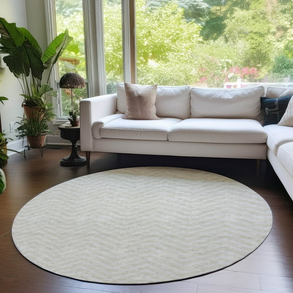 Addison Rugs Chantille Indoor/Outdoor Transitional Chevron Beige Washable Round Rug, 8' x 8'