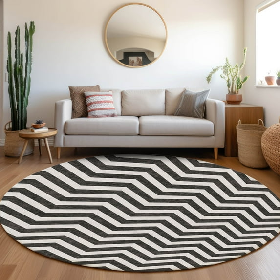 Addison Rugs Chantille Indoor/Outdoor Transitional Chevron Black Washable Round Rug, 8' x 8'