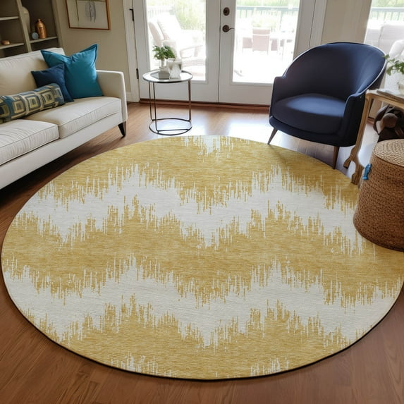 Addison Rugs Chantille Indoor/Outdoor Transitional Chevron Gold Washable Round Rug, 8' x 8'