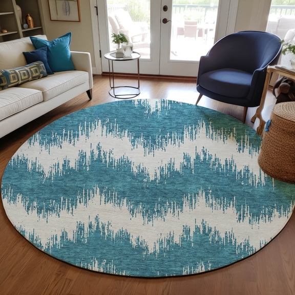 Addison Rugs Chantille Indoor/Outdoor Transitional Chevron Teal Washable Round Rug, 8' x 8'