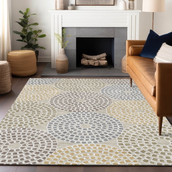 Addison Rugs Chantille Indoor/Outdoor Transitional Circles Beige Washable Rectangle Rug, 10' x 14'