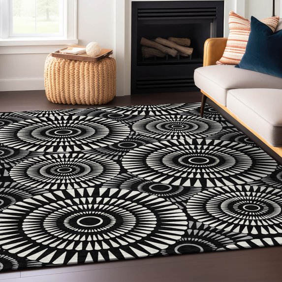 Addison Rugs Chantille Indoor/Outdoor Transitional Circles Black Washable Rectangle Rug, 8' x 10'