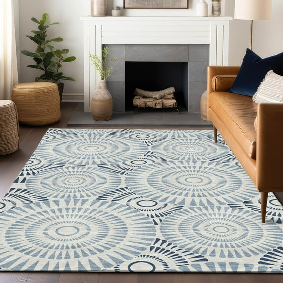 Addison Rugs Chantille Indoor/Outdoor Transitional Circles Blue Washable Rectangle Rug, 8' x 10'