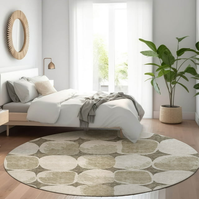 Addison Rugs Chantille Indoor/Outdoor Transitional Circles Taupe Washable Round Rug, 8' x 8'