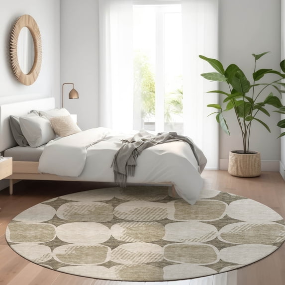 Addison Rugs Chantille Indoor/Outdoor Transitional Circles Taupe Washable Round Rug, 8' x 8'