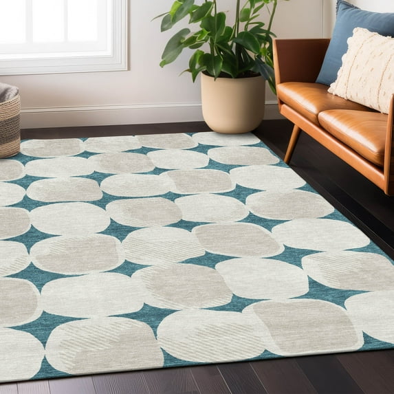 Addison Rugs Chantille Indoor/Outdoor Transitional Circles Teal Washable Rectangle Rug, 8' x 10'
