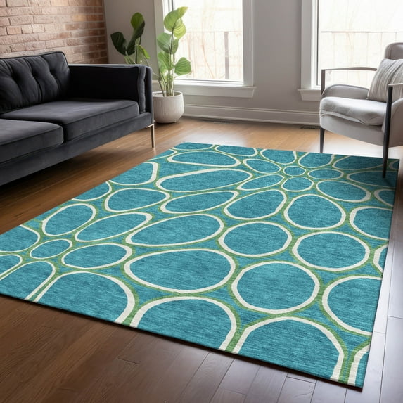 Addison Rugs Chantille Indoor/Outdoor Transitional Circles Teal Washable Rectangle Rug, 9' x 12'