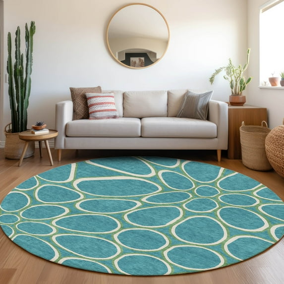 Addison Rugs Chantille Indoor/Outdoor Transitional Circles Teal Washable Round Rug, 8' x 8'