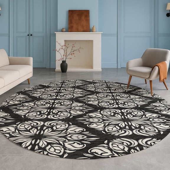 Addison Rugs Chantille Indoor/Outdoor Transitional Damask Black Machine Washable Round Rug, 8' x 8'