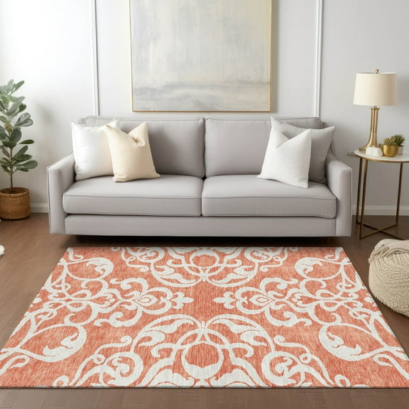 Addison Rugs Chantille Indoor/Outdoor Transitional Damask Coral Washable Rectangle Rug, 10' x 14'