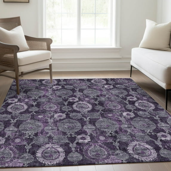 Addison Rugs Chantille Indoor/Outdoor Transitional Damask Eggplant Washable Rectangle Rug, 5' x 7'6"